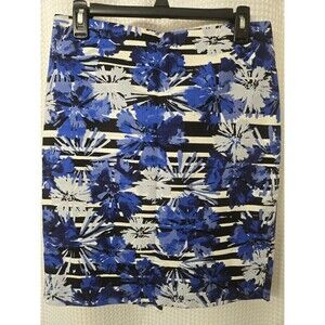 Ann Taylor Petite Womens 6 Lined Pencil Skirt Navy/White/Blue Floral Print Work
